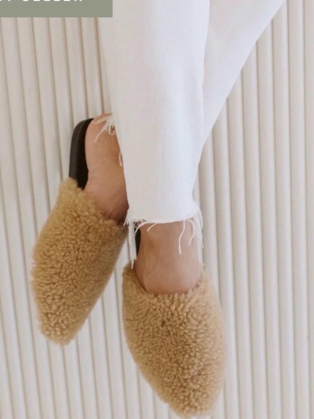 Jenni Kayne Plush Shearling Slide Mules in Camel Brown and Black - Picture 2 of 11